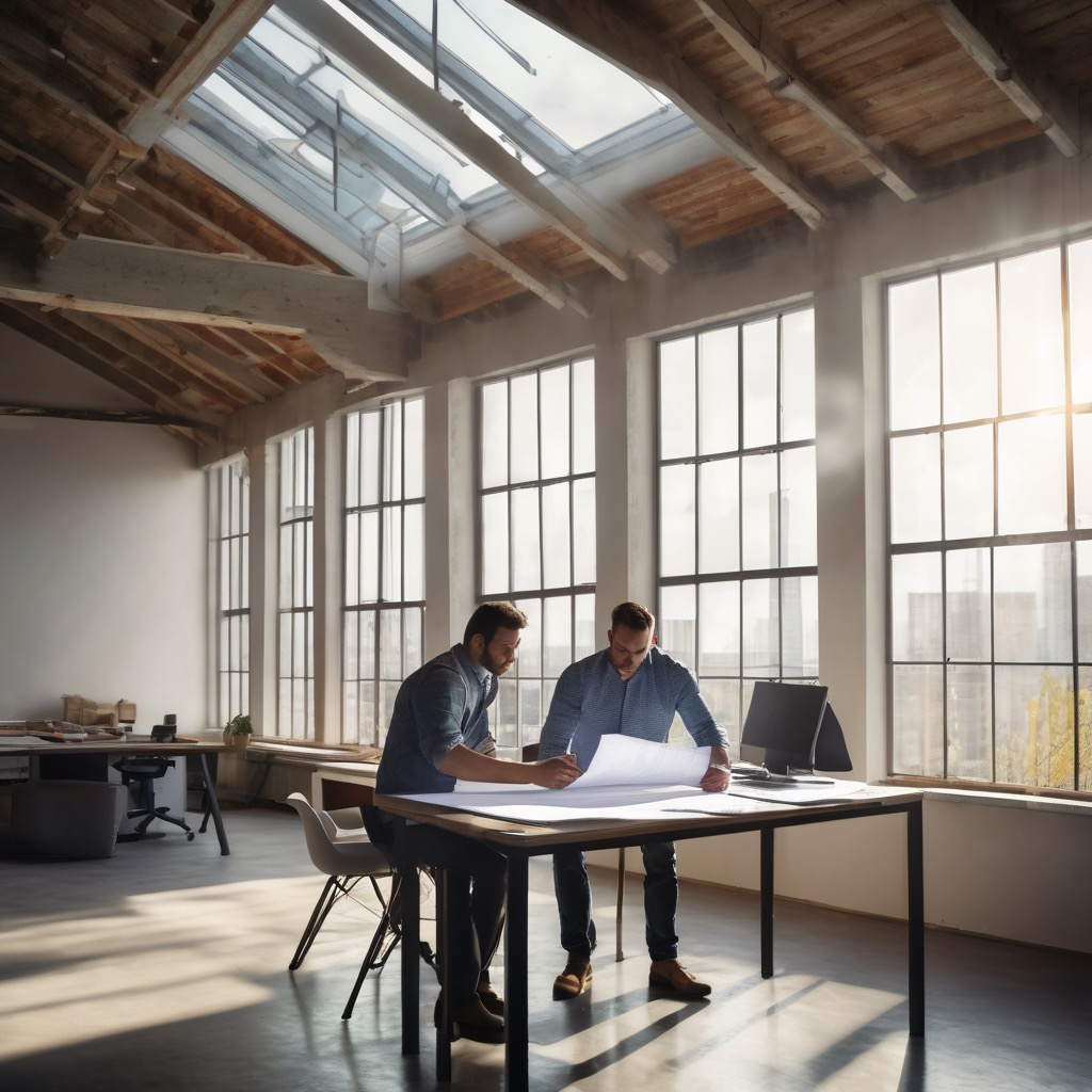 Roofing professionals consulting over project blueprints